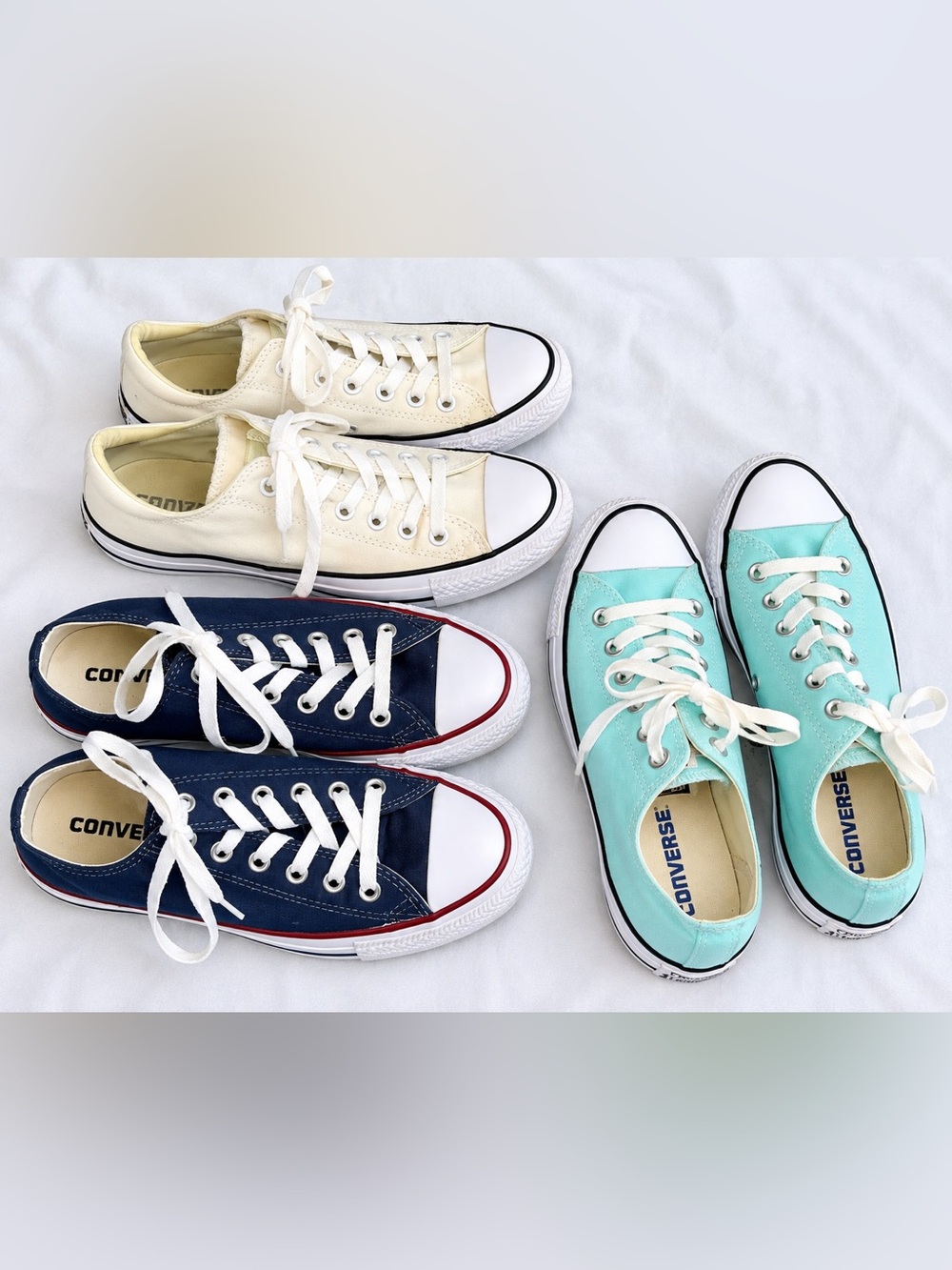 3 pairs Converse Low-Top Sneakers White, Navy, and Aqua Blue size Women’s 7